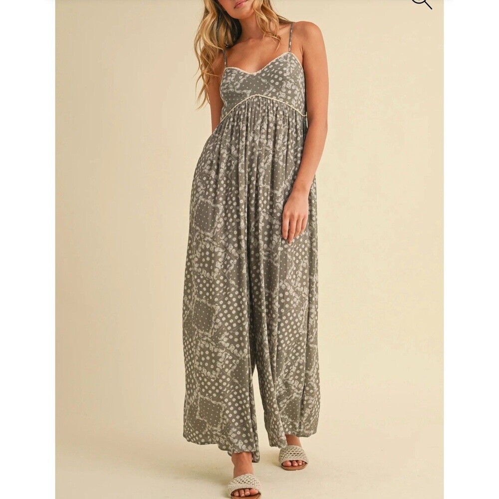 Klesis Printed Sleeveless Jumpsuit Boho Olive Hippie Sz M Wide Relaxed Fit - Picture 3 of 12